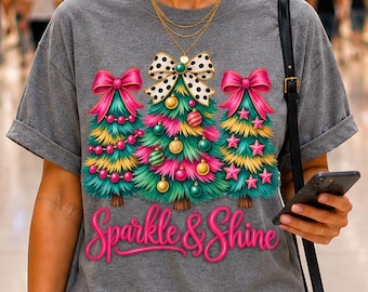 Preppy Christmas Shirt, Sparkle and Shine Colorful Christmas Tree Graphic Tee