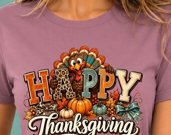 Thanksgiving Turkey T-Shirt with Pumpkin and Autumn Bow Artwork