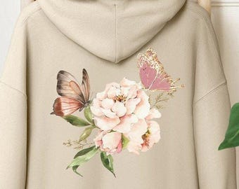 Floral Forestcore Hoodie, Summer Boho Butterfly Hoodie, Fall Nature Floral Hoodie, Wildflower Hoodie, Aesthetic Botanical Hoodie