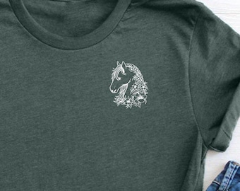 Floral Horse Shirt, Horse Pocket Shirt, Horse Silhouette Tee, Minimalist Horse Tee, Horse Farmer Shirt, Farm Life TShirt, Gift for Rider Mom