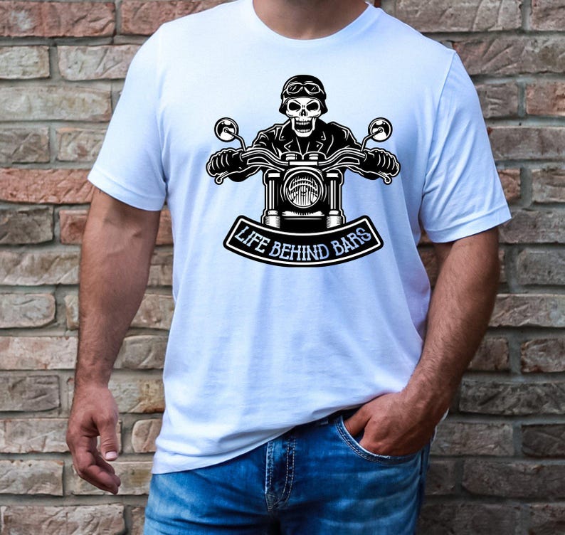 Motorcycle Shirt, Life Behind Bars Cool Motorcycle Tee, Skeleton Decal Biker Shirt, Motorcycle Skull Tee, Motorcycle Lover Shirt, Rider Gift image 1