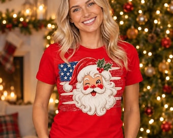 Vintage Santa Christmas Shirt, Patriotic American Flag Holiday Graphic Tee