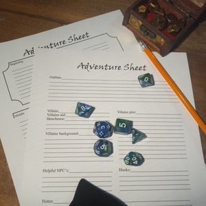 May include: A white sheet of paper with the title "Adventure Sheet" written at the top. The sheet is divided into sections for outlining an adventure, including sections for the villain, villains' aid, henchmen, villains' background, villains' plot, helpful NPCs, hooks, and notes. There are several blue and green dice scattered on the sheet.