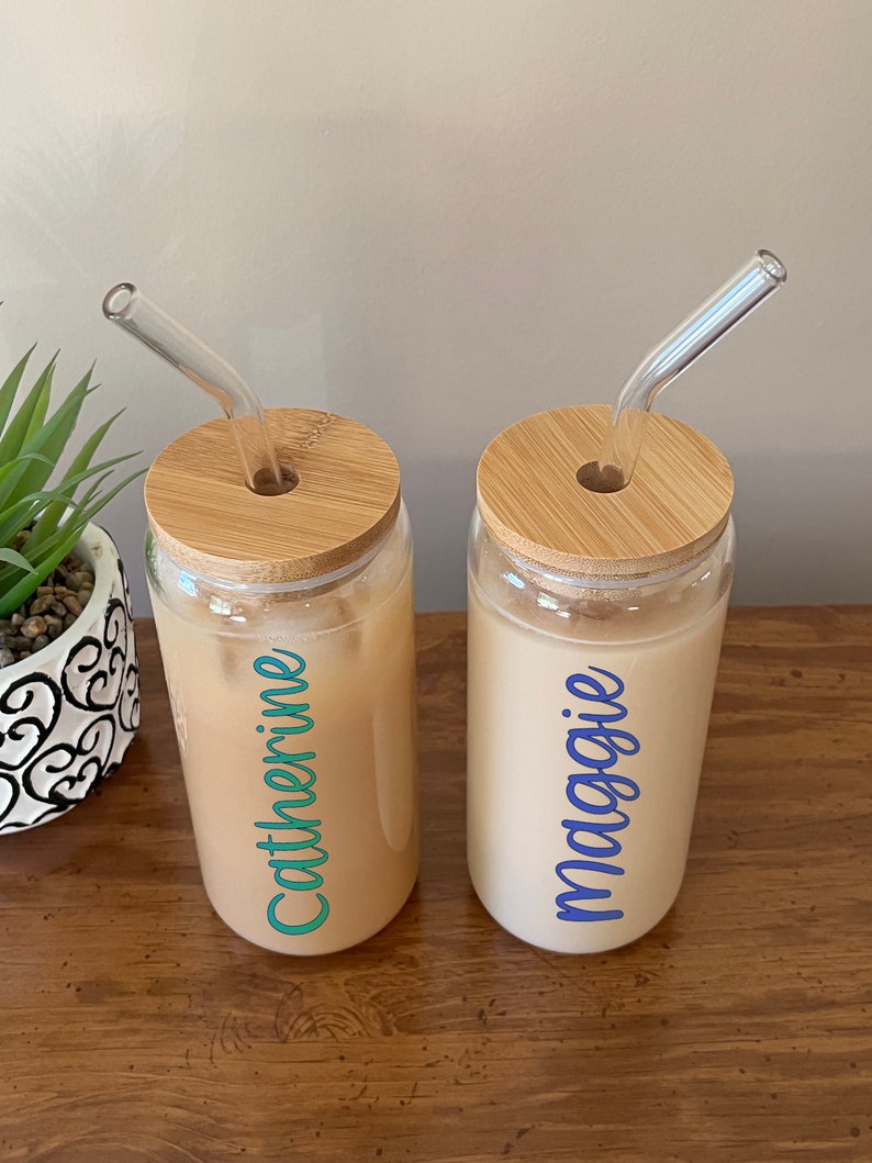 Personalized Iced Coffee Cup, Glass Tumbler With Bamboo Lid and Straw