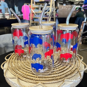 Buffalo Bills Football Inspired Glass with Straw and Lid, Buffalo Game Day Cup, Red&Blue, Gift for Bills Fan,  Buffalo Vinyl Design(16 oz)