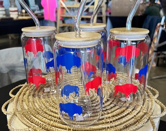 Buffalo Bills Game Day Glass Cup: Red and Blue Vinyl Buffalos Design (16 oz)