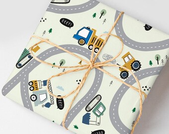 Kids Construction Vehicles Wrapping Paper Roll, Gift Wrap for Boys, Bulldozers and Trucks, Gift for Truck Lovers, Construction Party Decor