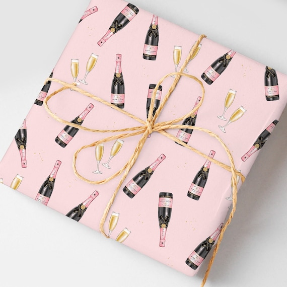 Let's Toast Pink Champagne Wrapping Paper Roll, Alcohol Gift Wrap