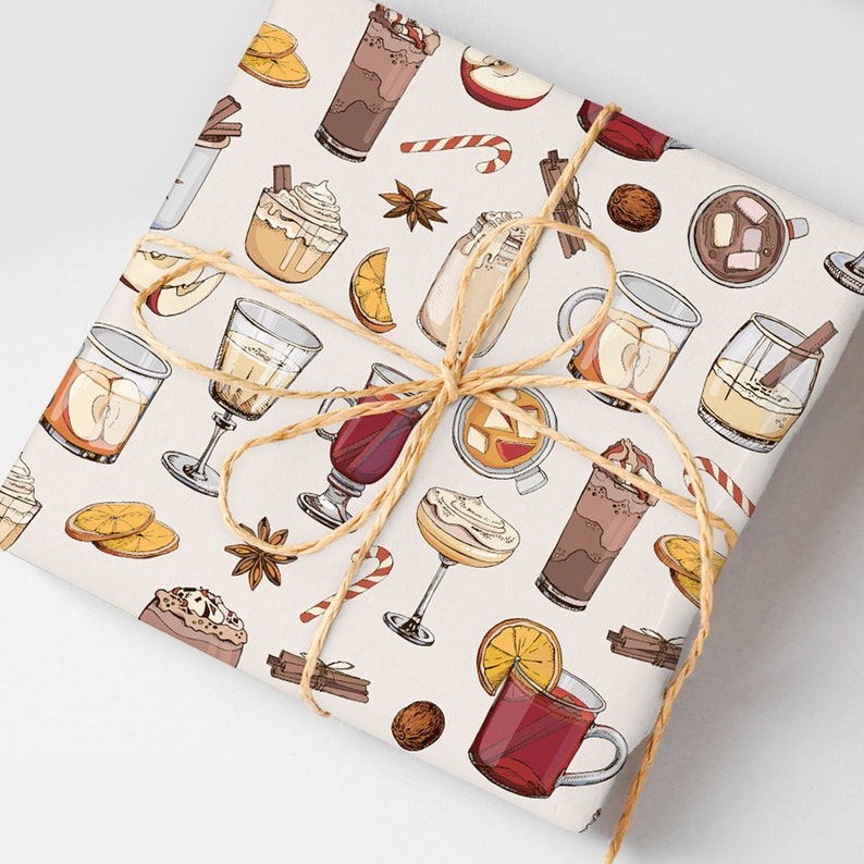 Fall Winter Cocktail Wrapping Paper Roll, Retro Drink Gift Wrap, Cozy