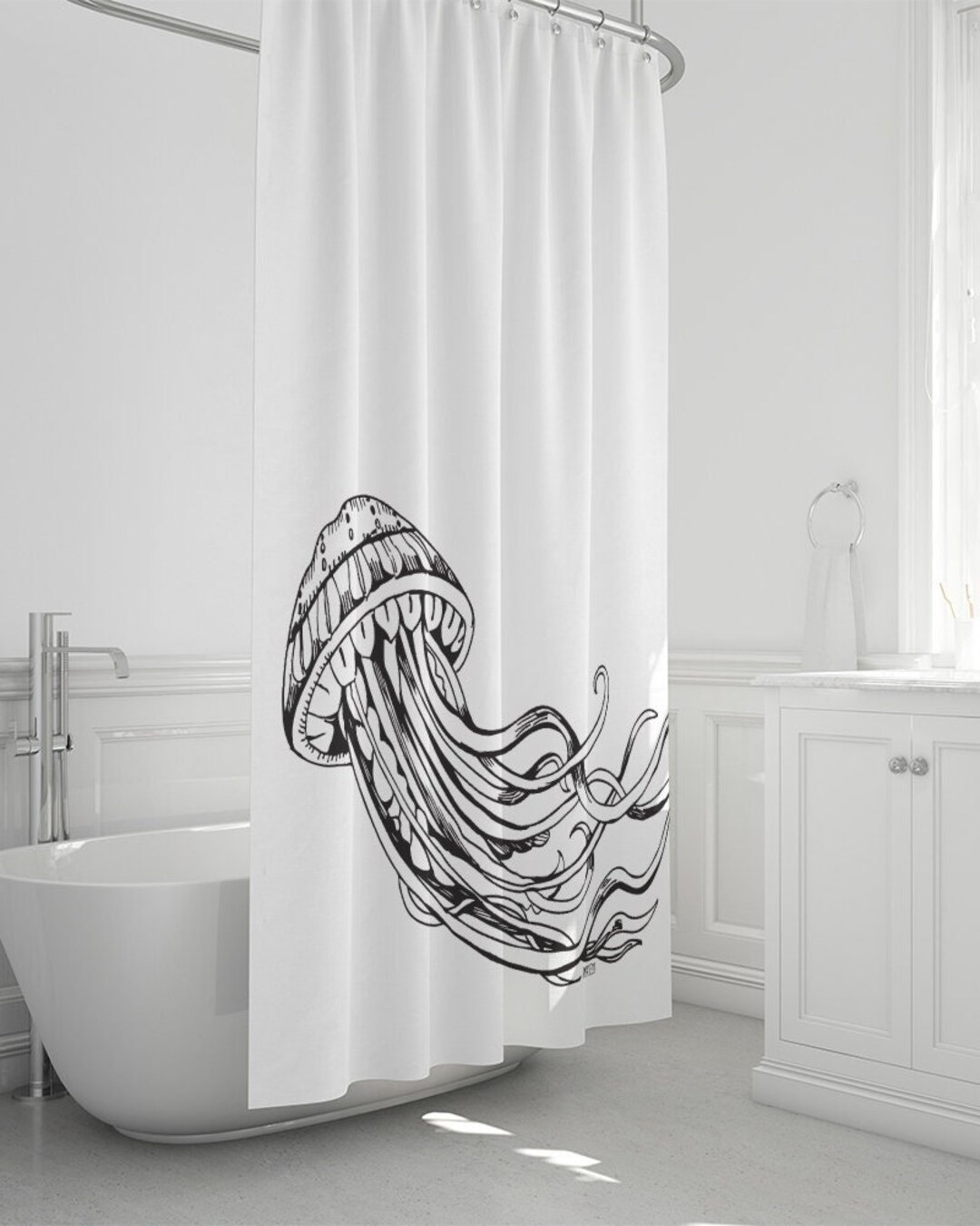 Jellyfish Shower Curtain Ocean Bath Decor Vintage Style Etsy