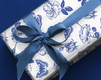 Butterfly Toile Wrapping Paper, Toile de jouy Blue Gift Wrap, Flowers and Butterflies Print, French Blue Toile, Vintage Inspired Butterflies