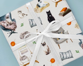 Hygge Cats Wrapping Paper Roll, Danish Pastel Print, Cat Lover Gift, Watercolor Cat Gift Wrap, Cozy Cats and Books, Siamese Pet, Tuxedo