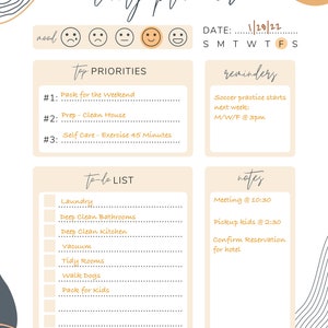 May include: A printable daily planner with a beige background and black and brown abstract shapes. The planner includes sections for mood, priorities, reminders, to-do list, and notes. The date is 1/28/22.