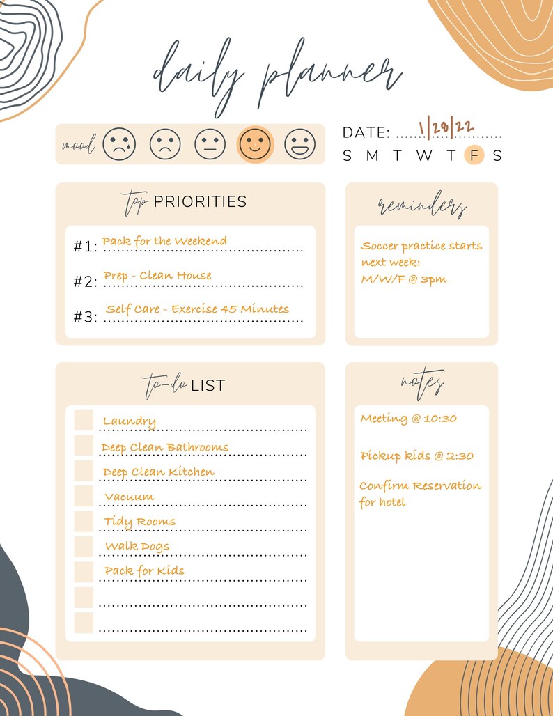 May include: A printable daily planner with a beige background and black and brown abstract shapes. The planner includes sections for mood, priorities, reminders, to-do list, and notes. The date is 1/28/22.