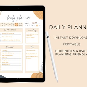 May include: A digital daily planner on a tablet screen with a white stylus. The planner has sections for top priorities, to-do list, reminders, and notes. The planner is designed with a modern aesthetic and features abstract shapes in shades of brown and gray.