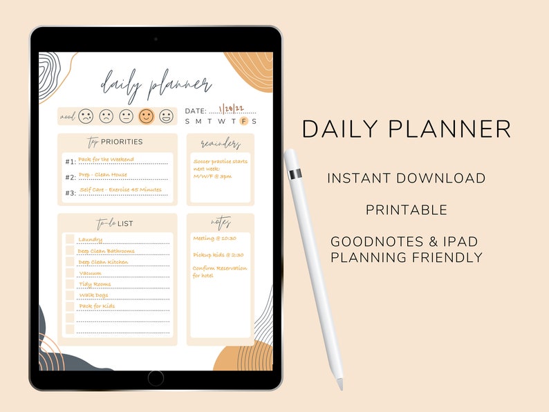 May include: A digital daily planner on a tablet screen with a white stylus. The planner has sections for top priorities, to-do list, reminders, and notes. The planner is designed with a modern aesthetic and features abstract shapes in shades of brown and gray.