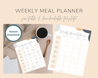 May include: A printable weekly meal planner template with a modern abstract design in shades of beige, gray, and yellow. The planner includes sections for breakfast, lunch, dinner, and snacks.