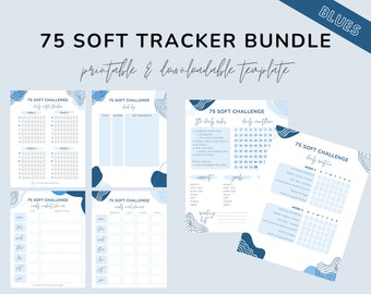 May include: A printable and downloadable 75 Soft Challenge tracker bundle in blue and white. The bundle includes a daily routine tracker, a book log, a weekly meal planner, a weekly workout planner, and a page for tracking the 75 Soft Challenge rules.