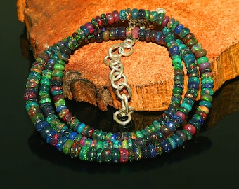 AAA+ Quality Natural Black Opal Necklace| Black Opal Beaded Necklace| Ethiopian Opal Smooth Rondelle Beads Necklace| Black Opal Necklace|
