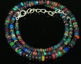 AAA++ Quality Natural Black Opal Necklace| Black Opal Beaded Necklace| Ethiopian Opal Smooth Rondelle Beads, Welo Opal, Multi Fire Opal Bead