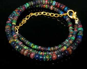 AAA++ Quality Natural Black Opal Necklace| Black Opal Beaded Necklace| Ethiopian Opal Smooth Rondelle Beads, Welo Opal, Multi Fire Opal Bead
