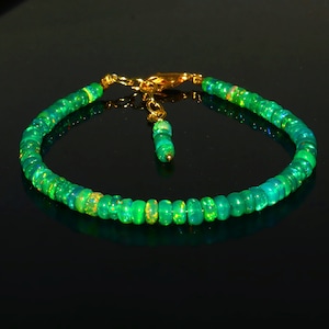 Opal Bracelet- Natural Ethiopian Welo Fire Opal Bracelet| AAA+ Ethiopian Green Fire Opal Bracelet| Green Opal Smooth Rondelle Beads Bracelet