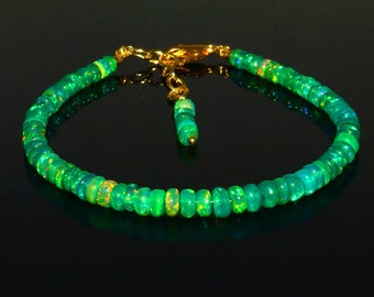 Opal Bracelet- Natural Ethiopian Welo Fire Opal Bracelet| AAA+ Ethiopian Green Fire Opal Bracelet| Green Opal Smooth Rondelle Beads Bracelet
