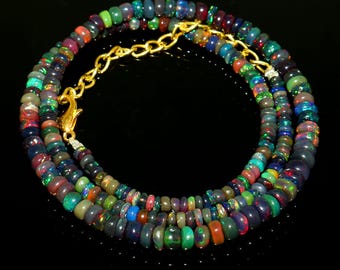 Natural Ethiopian Multi Fire Black Opal necklace, Opal gemstone necklace 3-5mm Opal Rondelle Beads necklace, Beaded necklace, Gift for Women