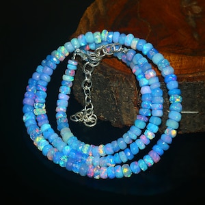 AAA+++ Natural Ethiopian Blue Opal Faceted Rondelle Beads Necklace,Blue Fire Opal Necklace 16 Inches, Welo Fire Opal, Genuine Opal Necklace