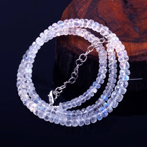 Blue Fleshy Rainbow Beads|AAA++Quality Rainbow Moonstone Faceted Rondelle Beads Necklace|Natural White Rainbow Rondelle  Beads|16&quot; Necklace