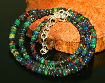 OPAL NECKLACE| AAA+ Quality Natural Black Opal Necklace| Black Opal Beaded Necklace| Ethiopian Opal Smooth Rondelle Beads Necklace|