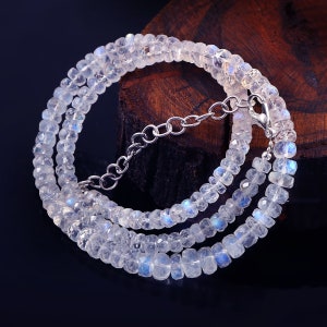 Blue Fleshy Rainbow Beads|AAA++Quality Rainbow Moonstone Faceted Rondelle Beads Necklace|Natural White Rainbow Rondelle  Beads|16&quot; Necklace
