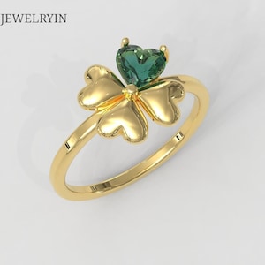 Four Leaf Clover Ring, Flower Open Ring, Luckly gemstone Ring for Girlfriend, Promise Ring, Birthstone Ring Gifts for Christmas, Heart ring.