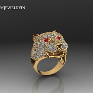 925 Starling anillo de leopardo de plata hecho a mano, anillo de piedra de cabeza de leopardo, joyería de anillo de animal de gato salvaje, regalo unisex para él / ella