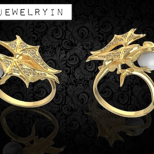 925 sterling silver handmade Dragon Engagement Ring, fairy-dragon Dragon Wings Engagement Ring, Dragon Ring, Gold Dragon Ring. pearl ring.