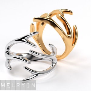 925 sterling silver handmade Deer Antler Wrap Ring, Woodland Animal Statement Ring, deer horns ring.