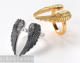 Adjustable Sterling Silver Angel Wings Ring: Guardian Jewelry