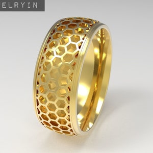 Handgemachter Vergoldeter Silber Waben Ring von Swan Loyalty • Hexagon Ring • Honig und Biene Ring • Geometrische Ringe • Natur Schmuck