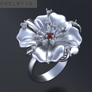 Handmade 925 Sterling Silver Flower Ring with Diamond Accents