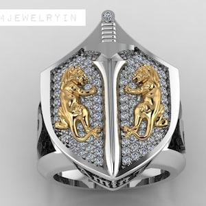 Sterlingzilveren ring met leeuw en zwaard: gepersonaliseerde dierensieraden cadeau