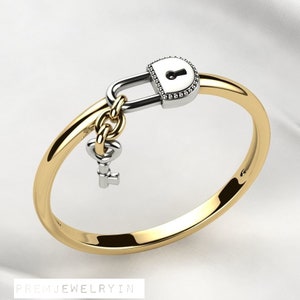 925 sterling silver Handmade lock with key gold ring, Dimond ring.