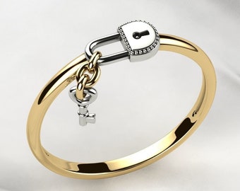 925 sterling silver Handmade lock with key gold ring, Dimond ring.
