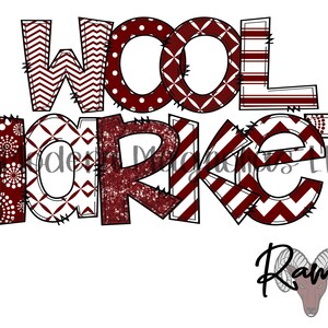 May include: A red and white patterned design with the words "Wool Market" and the word "Rams" below. The design is in a patchwork style with different patterns.