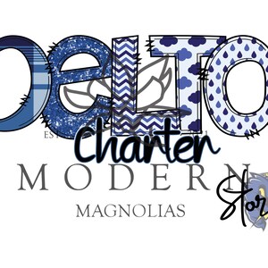 May include: Blue and white patterned text that reads "delta charter modern magnolias" with a blue and yellow graphic of a lightning bolt and the text "storm" below.