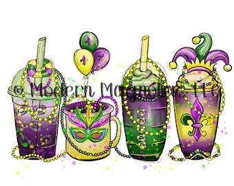 Op de afbeelding: Vier Mardi Gras-thema drankjes in de kleuren groen, paars en goud. De drankjes zijn versierd met kralen, een narrenmuts en een masker.