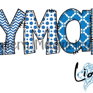 May include: A blue and white patterned design of the word "LYMAN" with the word "Lions" written in cursive below. The word "Lions" is in blue and has a lion's head graphic.