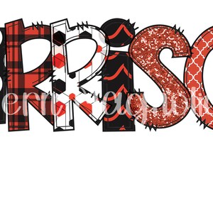 Puede incluir: Letras rojas, negras y blancas con patrones que deletrean el nombre "HARRISON" con la palabra "REBEL" en una fuente cursiva debajo. Las letras están decoradas con una variedad de patrones, incluyendo cuadros, lunares y zigzags.