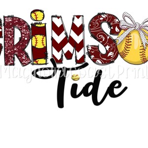 May include: Crimson Tide softball design with a yellow softball and a red, white, and black patterned background.