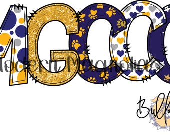 May include: A gold glitter "G" with a navy blue and yellow paw print pattern "C" and a white and navy blue heart pattern "C" and a navy blue and gold star pattern "C" with the text "MGCC Bulldogs" below.