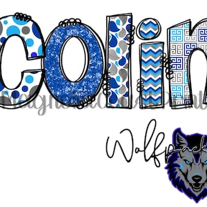 Puede incluir: Diseño gráfico con el nombre "Colin" en patrones azules, grises y blancos. Debajo, la palabra "Wolfpack" en cursiva y un logotipo de cabeza de lobo.